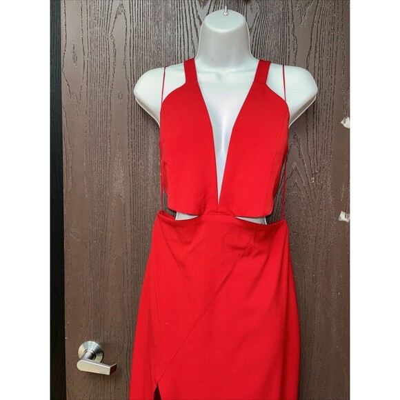 Michelle Mason Maxi Dress Women 10 Gown Halter Top Hook Slit Red V Neck Zip - Picture 13 of 16